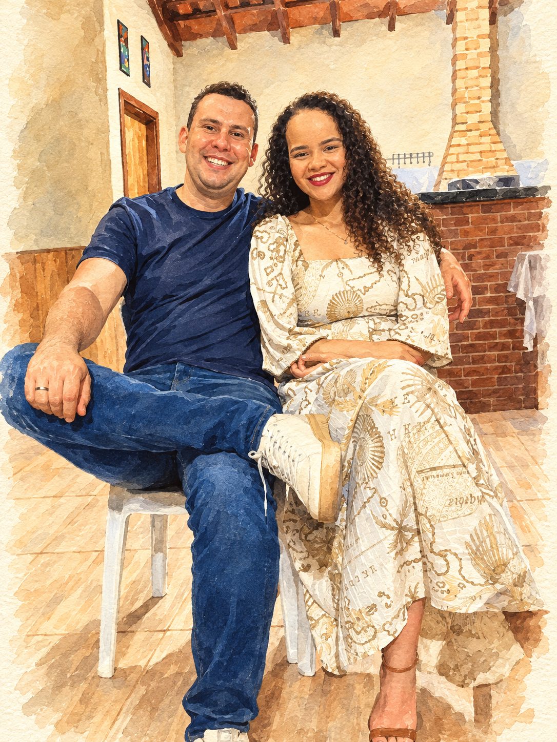 Thiago e Cristina sentados juntos, em retrato estilo aquarela