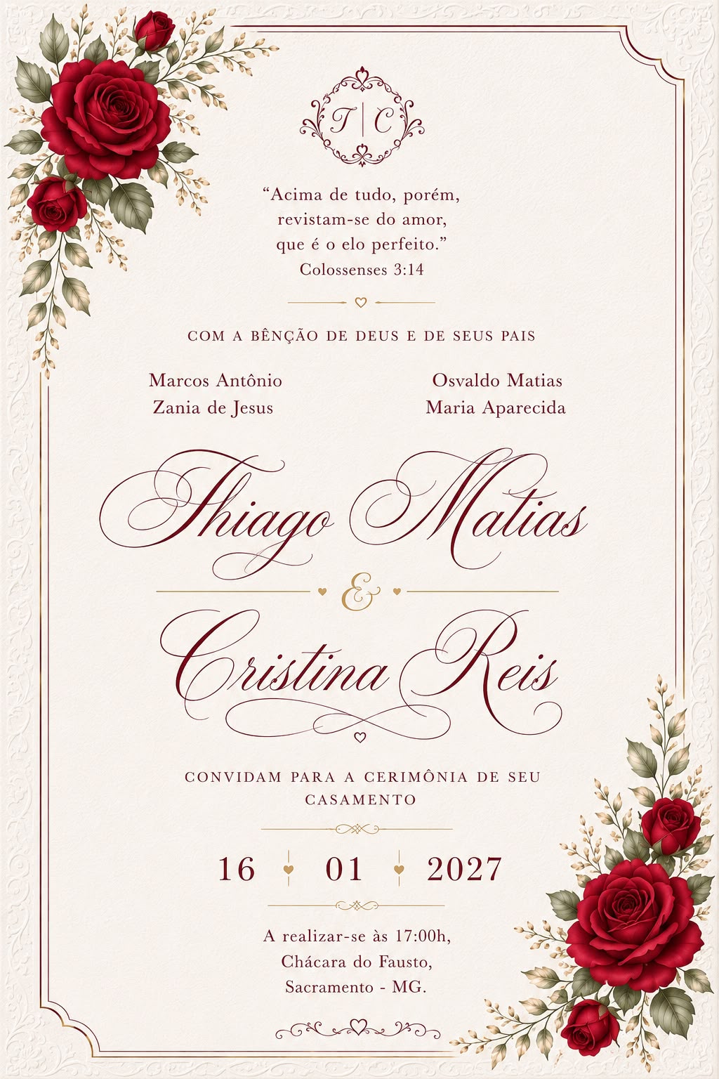 Convite de casamento de Thiago Matias e Cristina Reis